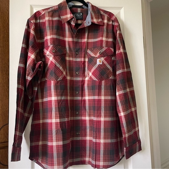 Carhartt Rugged Flex Plaid Long Sleeve Shirt Men Size L Button Up Red Brown - Picture 1 of 12